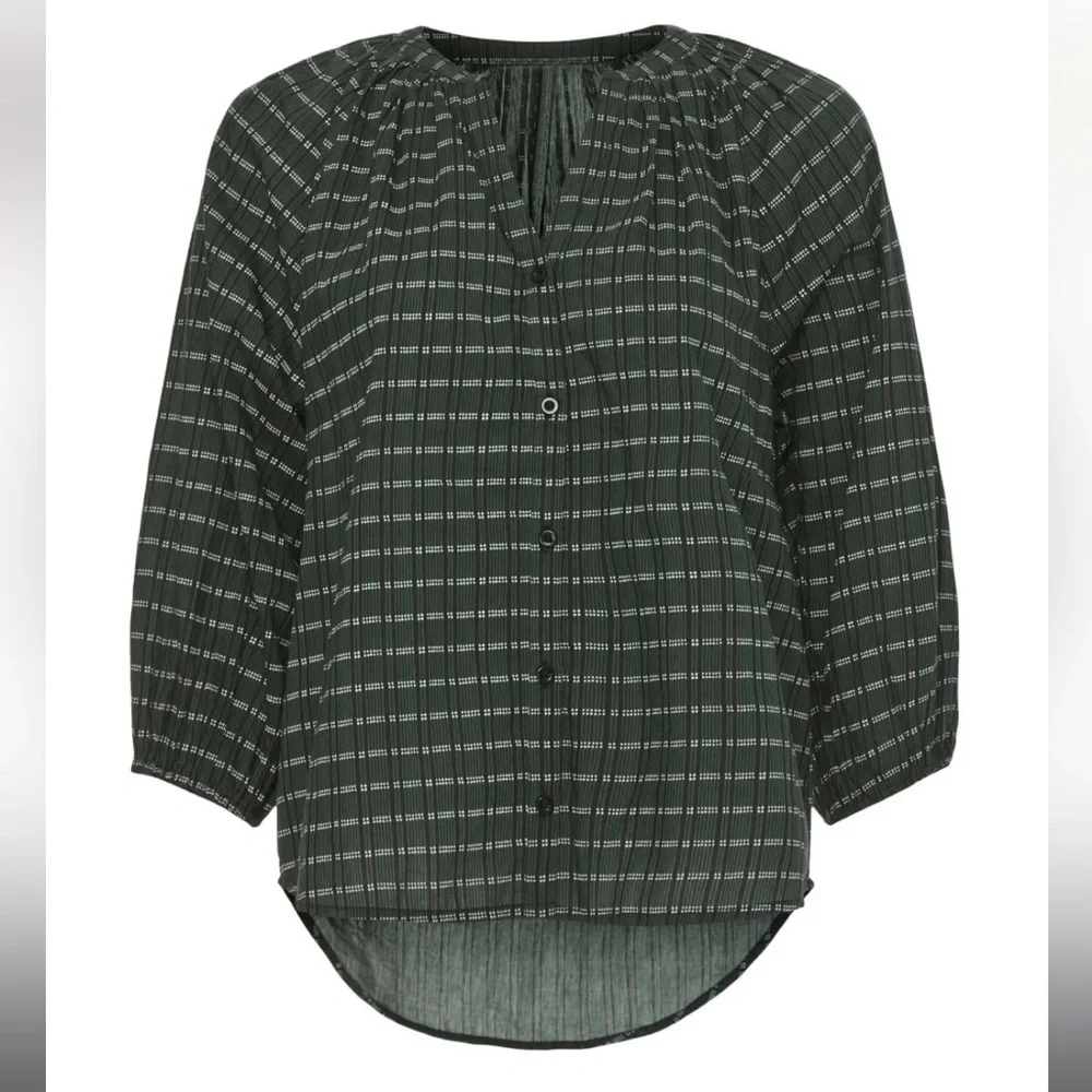 Apiece Apart Mitte Striped Top forest green stripe XS peasant blouse cotton silk - Picture 14 of 14